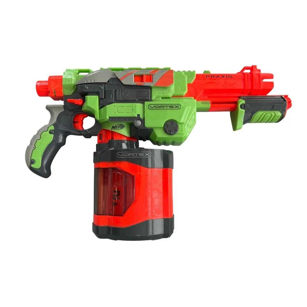 Nerf Vortex Praxis Blaster Green Orange with 40 Disc Drum Magazine Pump Action